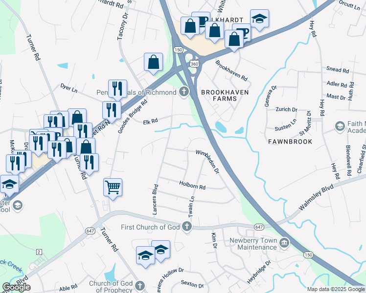 map of restaurants, bars, coffee shops, grocery stores, and more near 6600 Wimbledon Drive in Richmond