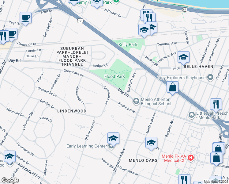 map of restaurants, bars, coffee shops, grocery stores, and more near 214 Greenoaks Drive in Atherton