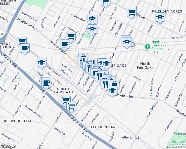 map of restaurants, bars, coffee shops, grocery stores, and more near 404 Fourth Avenue in Redwood City