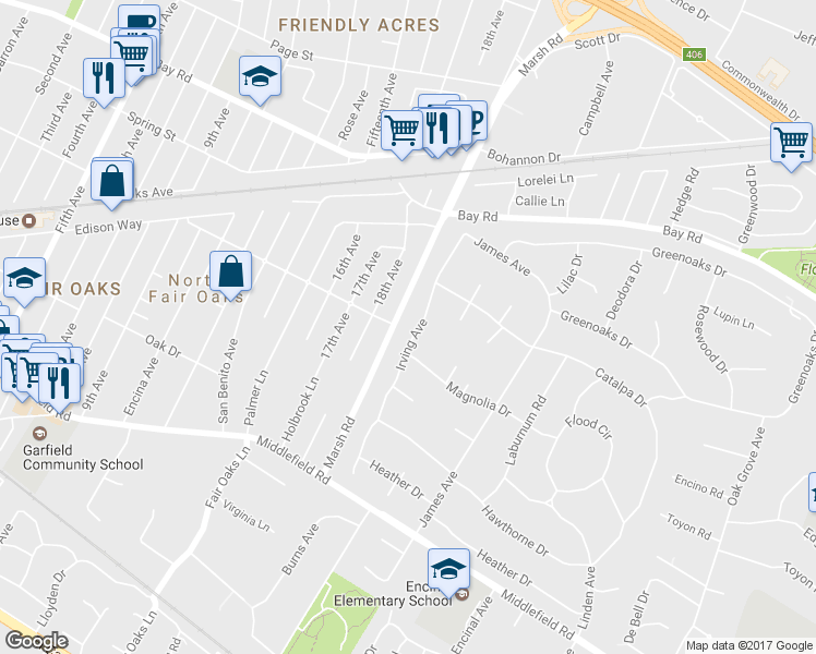 map of restaurants, bars, coffee shops, grocery stores, and more near 61 Irving Avenue in Atherton