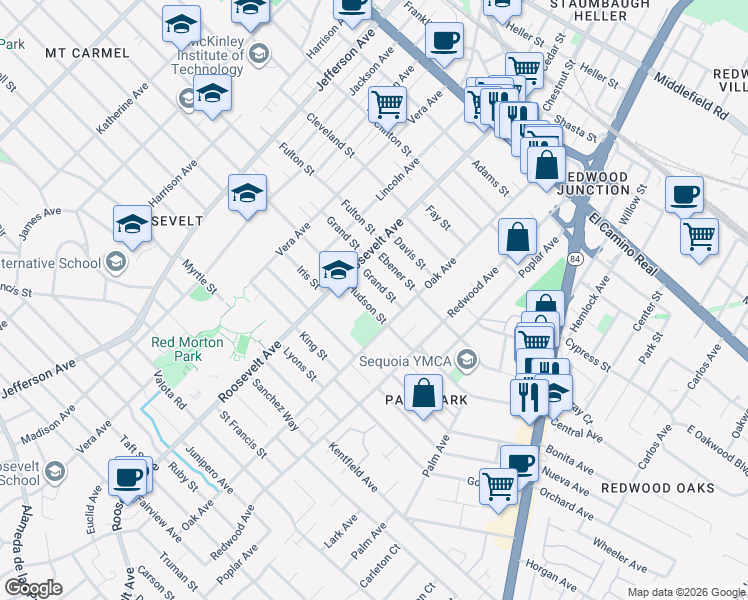 map of restaurants, bars, coffee shops, grocery stores, and more near 1183 Hudson Street in Redwood City