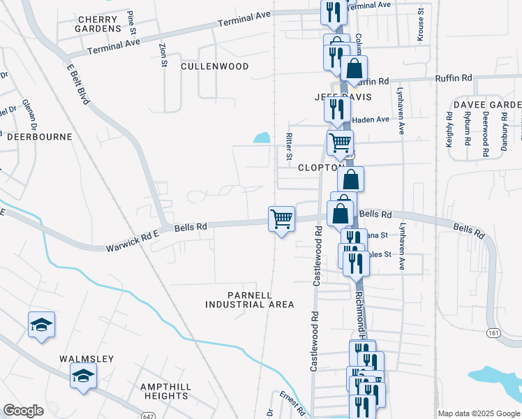 map of restaurants, bars, coffee shops, grocery stores, and more near 2820 Bells Road in Richmond