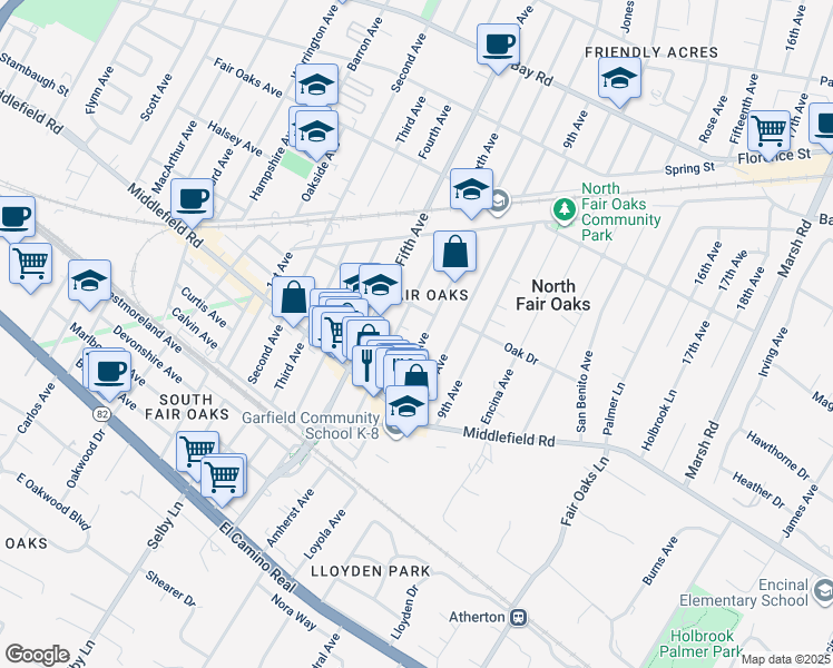 map of restaurants, bars, coffee shops, grocery stores, and more near 453 Seventh Avenue in Menlo Park