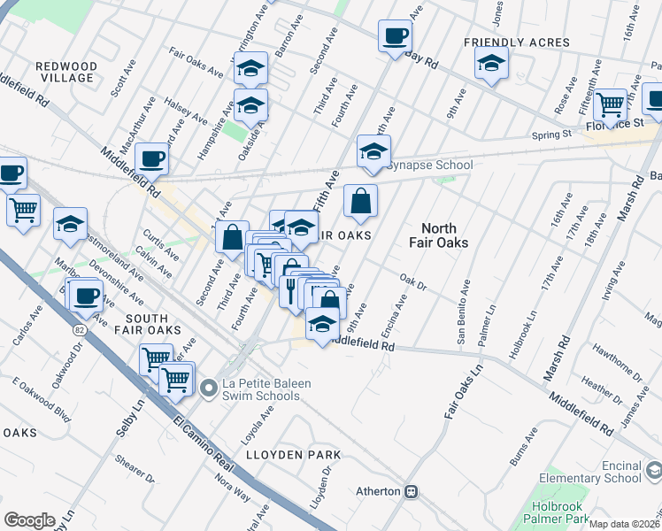 map of restaurants, bars, coffee shops, grocery stores, and more near 453 Seventh Avenue in Menlo Park