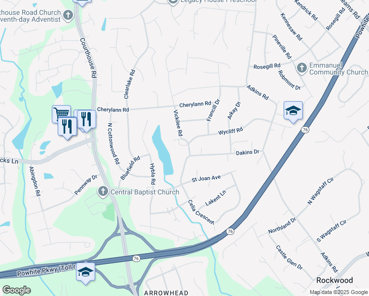 map of restaurants, bars, coffee shops, grocery stores, and more near 1312 Vickilee Road in Richmond