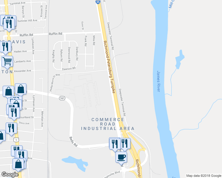 map of restaurants, bars, coffee shops, grocery stores, and more near 4101 Commerce Road in Richmond