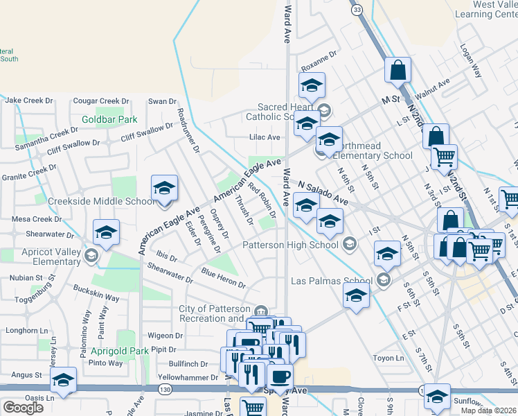 map of restaurants, bars, coffee shops, grocery stores, and more near 1019 Sparrow Hawk Lane in Patterson