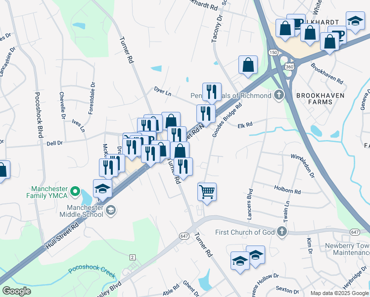 map of restaurants, bars, coffee shops, grocery stores, and more near 7011 Hull Street Road North in Richmond