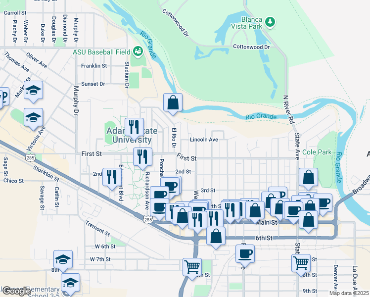 map of restaurants, bars, coffee shops, grocery stores, and more near 25 West Avenue in Alamosa