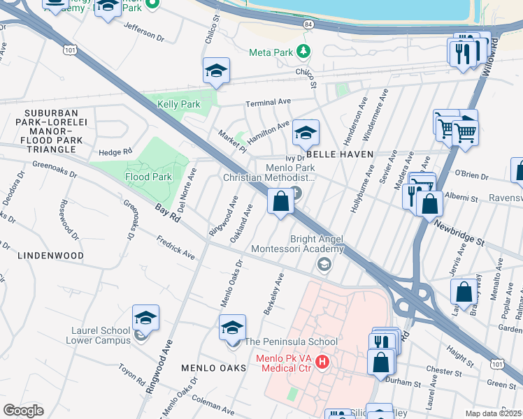 map of restaurants, bars, coffee shops, grocery stores, and more near 1053 Menlo Oaks Drive in Menlo Park