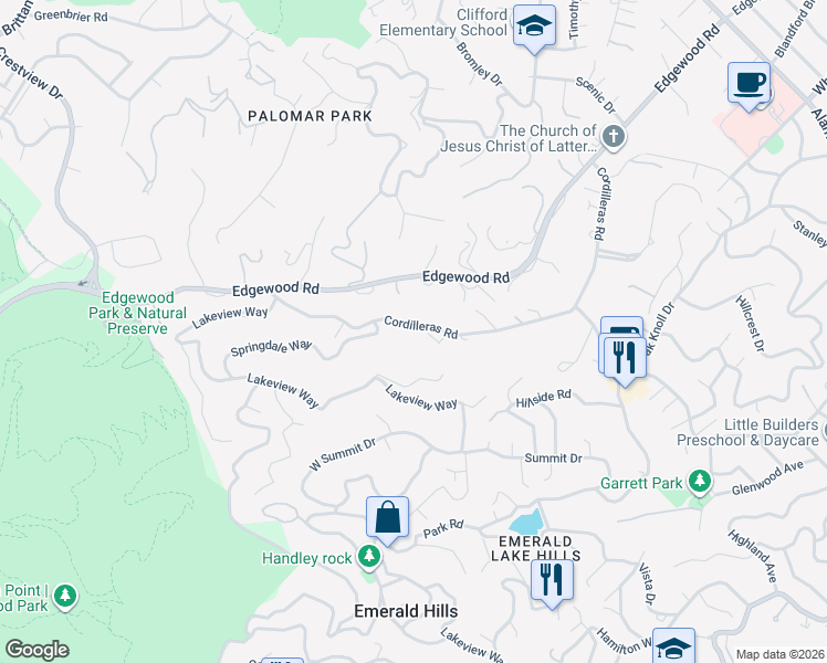 map of restaurants, bars, coffee shops, grocery stores, and more near 1919 Cordilleras Road in Emerald Hills