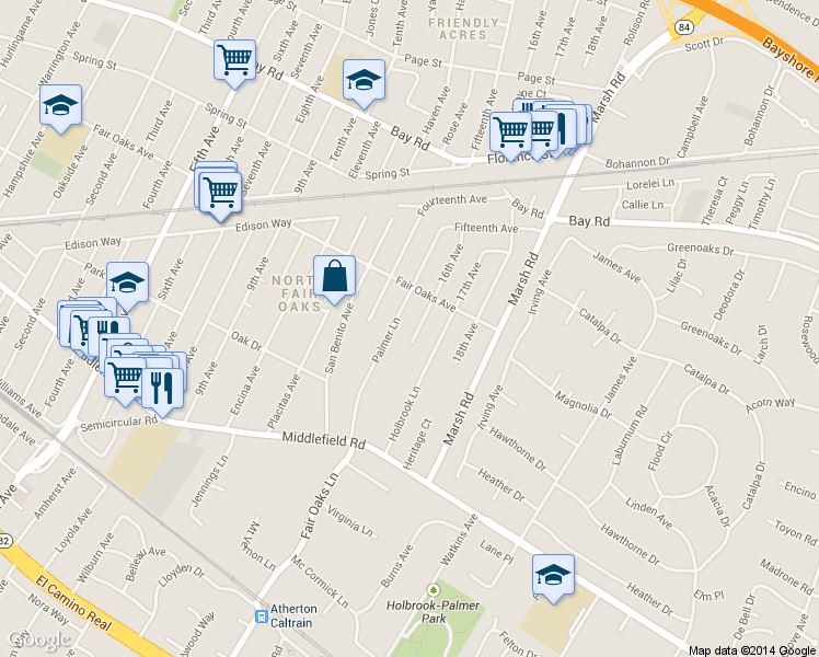 map of restaurants, bars, coffee shops, grocery stores, and more near 548 Palmer Lane in Menlo Park