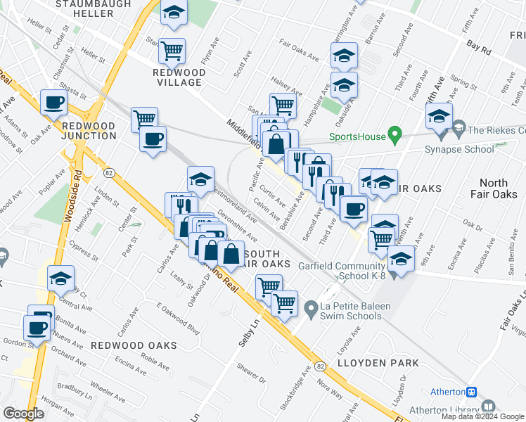 map of restaurants, bars, coffee shops, grocery stores, and more near 200 Dumbarton Avenue in Redwood City