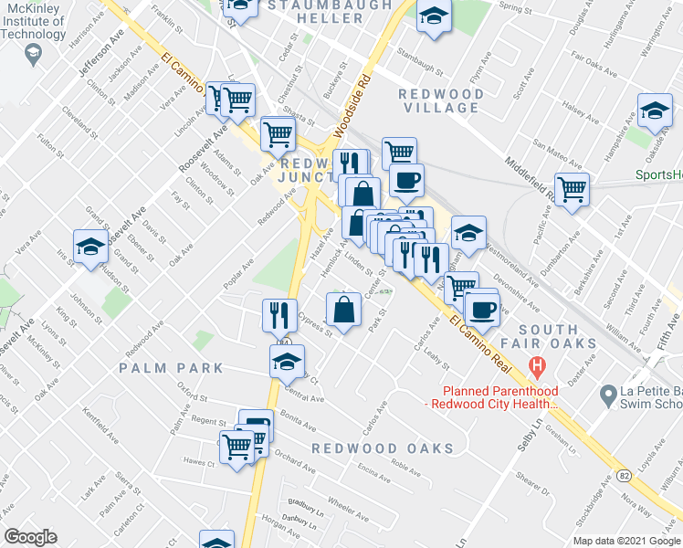 map of restaurants, bars, coffee shops, grocery stores, and more near 271 Madrone Street in Redwood City
