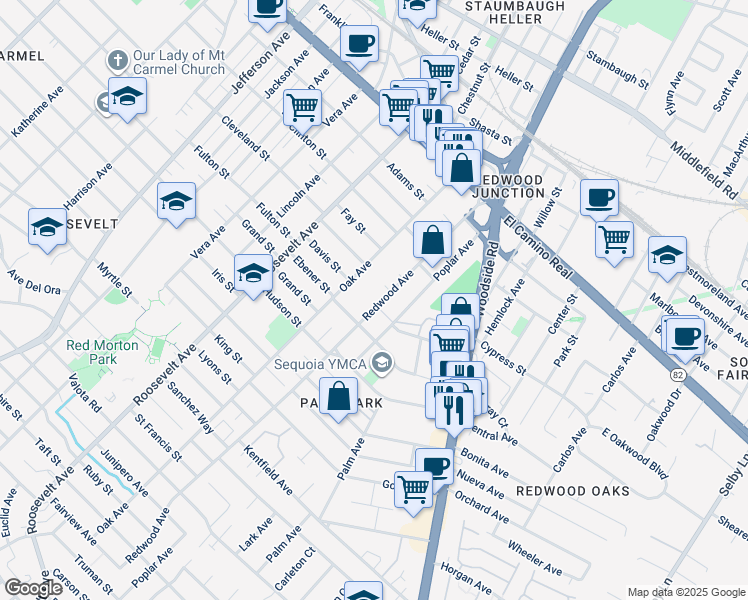 map of restaurants, bars, coffee shops, grocery stores, and more near 506 Redwood Avenue in Redwood City