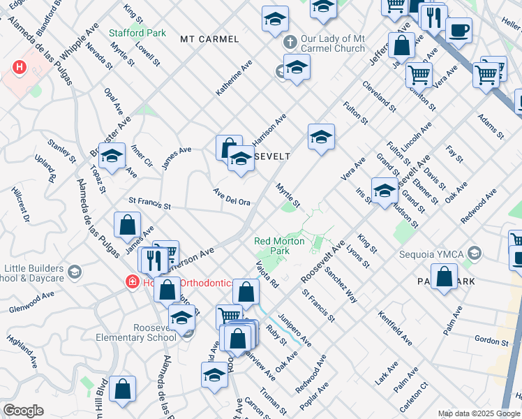 map of restaurants, bars, coffee shops, grocery stores, and more near 629 Nevada Street in Redwood City