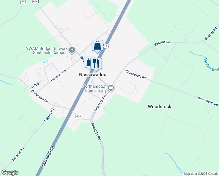 map of restaurants, bars, coffee shops, grocery stores, and more near 10296 Rogers Drive in Nassawadox