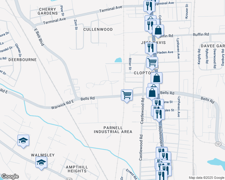 map of restaurants, bars, coffee shops, grocery stores, and more near 2820 Bells Road in Richmond