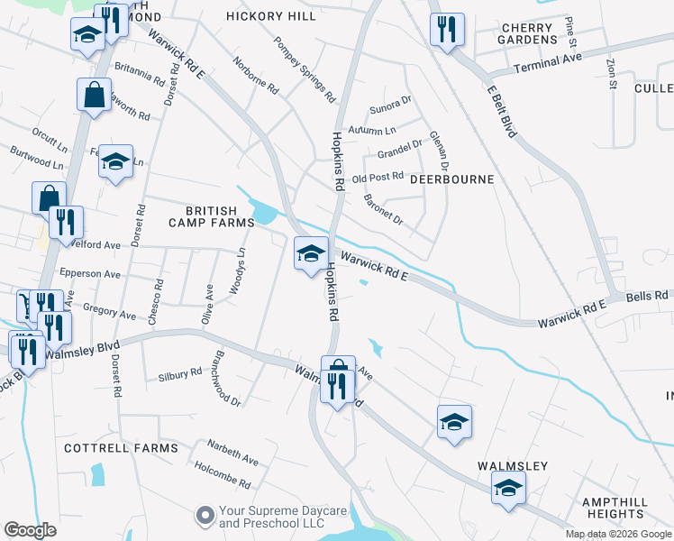 map of restaurants, bars, coffee shops, grocery stores, and more near 3400 Hopkins Road in Richmond