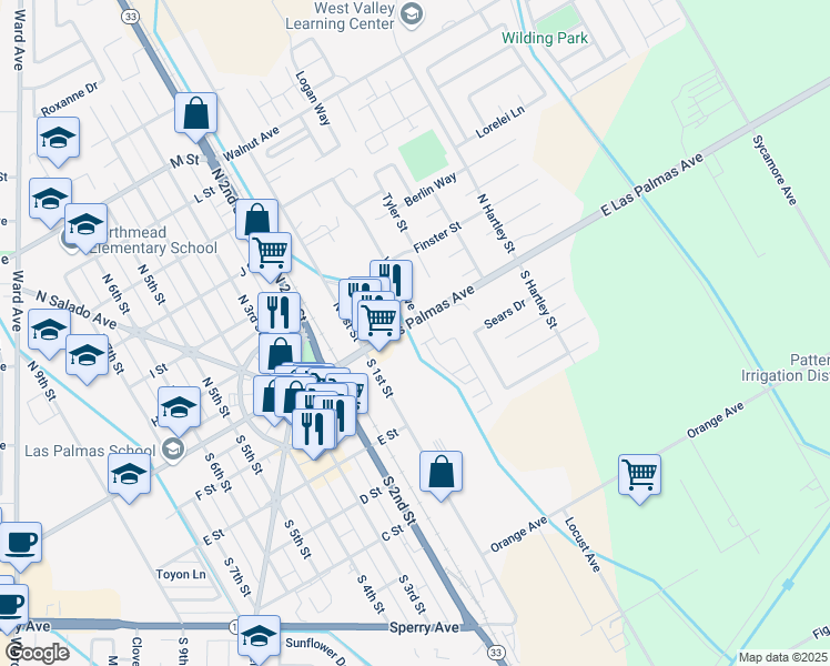 map of restaurants, bars, coffee shops, grocery stores, and more near 230 East Las Palmas Avenue in Patterson