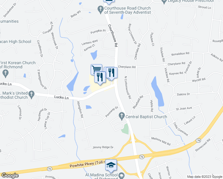 map of restaurants, bars, coffee shops, grocery stores, and more near 10909 Lucks Lane in Midlothian