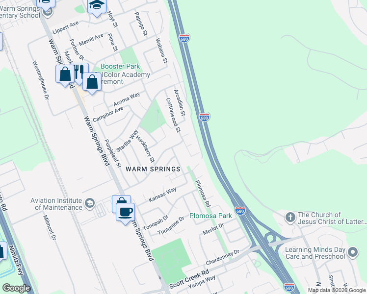 map of restaurants, bars, coffee shops, grocery stores, and more near 48425 Cottonwood Street in Fremont