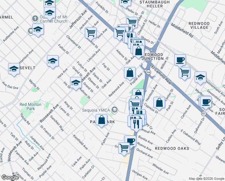 map of restaurants, bars, coffee shops, grocery stores, and more near 506 Redwood Avenue in Redwood City