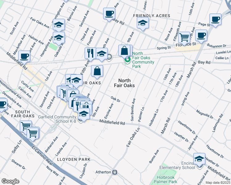 map of restaurants, bars, coffee shops, grocery stores, and more near 523 Encina Avenue in Menlo Park