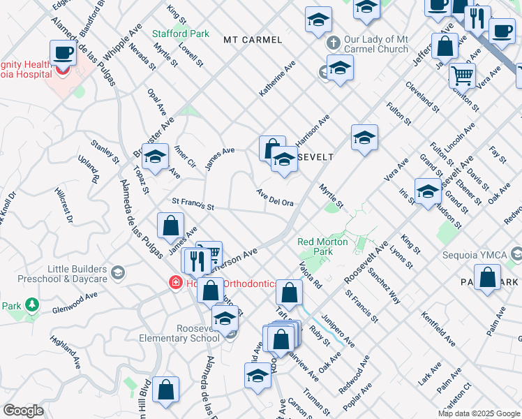 map of restaurants, bars, coffee shops, grocery stores, and more near 488 Saint Francis Street in Redwood City