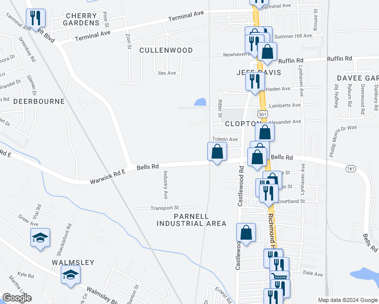 map of restaurants, bars, coffee shops, grocery stores, and more near 2820 Bells Road in Richmond