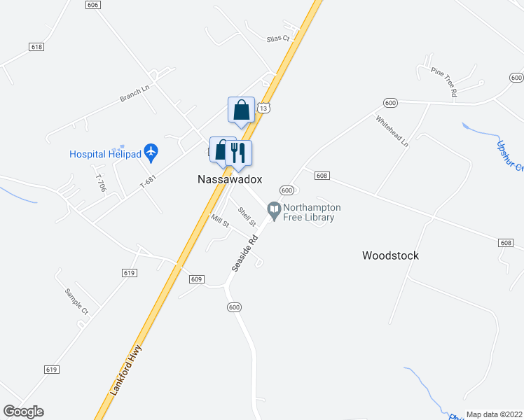 map of restaurants, bars, coffee shops, grocery stores, and more near 10296 Rogers Drive in Nassawadox