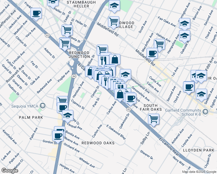 map of restaurants, bars, coffee shops, grocery stores, and more near 5a Northumberland Avenue in Redwood City