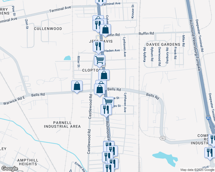 map of restaurants, bars, coffee shops, grocery stores, and more near in Richmond