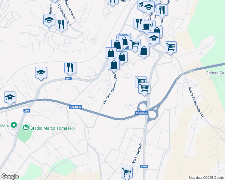 map of restaurants, bars, coffee shops, grocery stores, and more near Via Carlo Alberto dalla Chiesa in Caltanissetta
