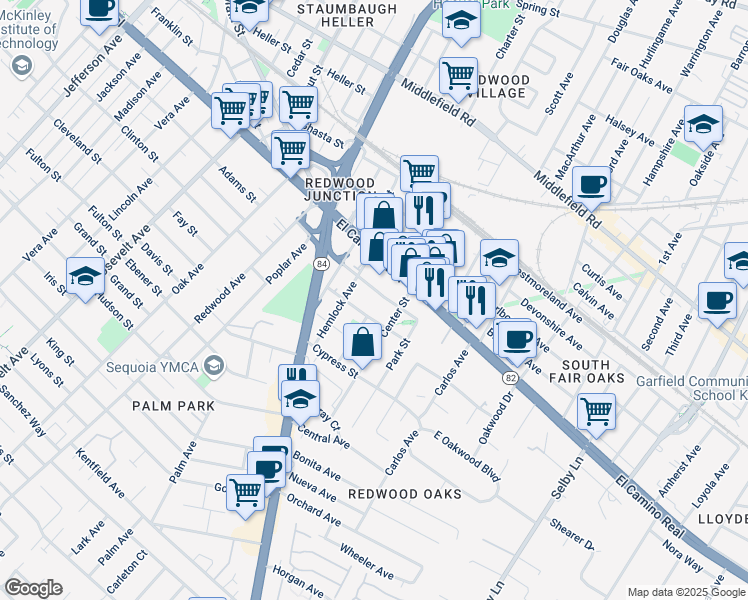 map of restaurants, bars, coffee shops, grocery stores, and more near 271 Madrone Street in Redwood City