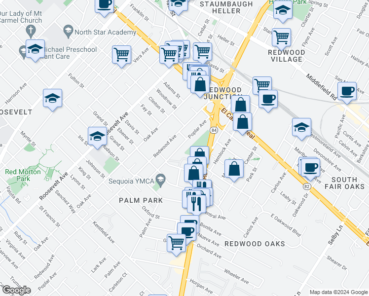 map of restaurants, bars, coffee shops, grocery stores, and more near 333 Poplar Avenue in Redwood City