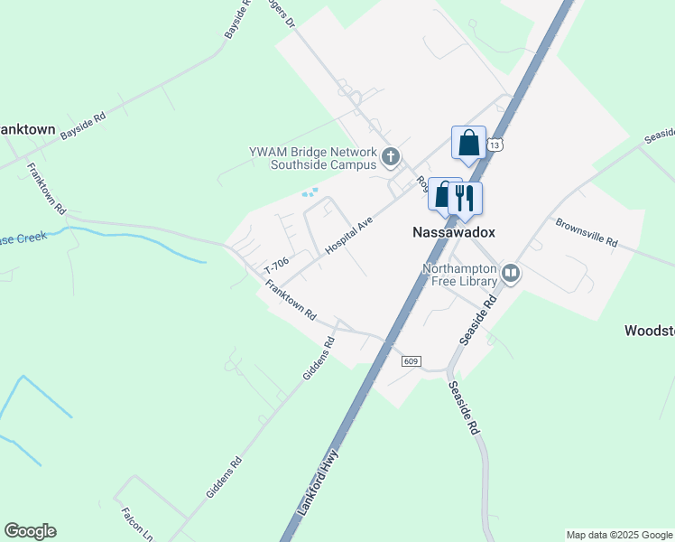 map of restaurants, bars, coffee shops, grocery stores, and more near 9468 T-681 in Nassawadox