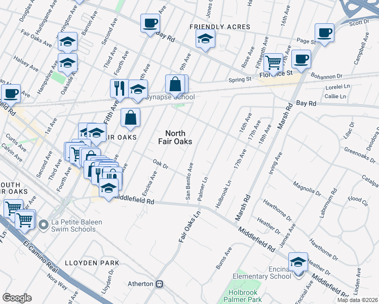 map of restaurants, bars, coffee shops, grocery stores, and more near 548 Placitas Avenue in Menlo Park