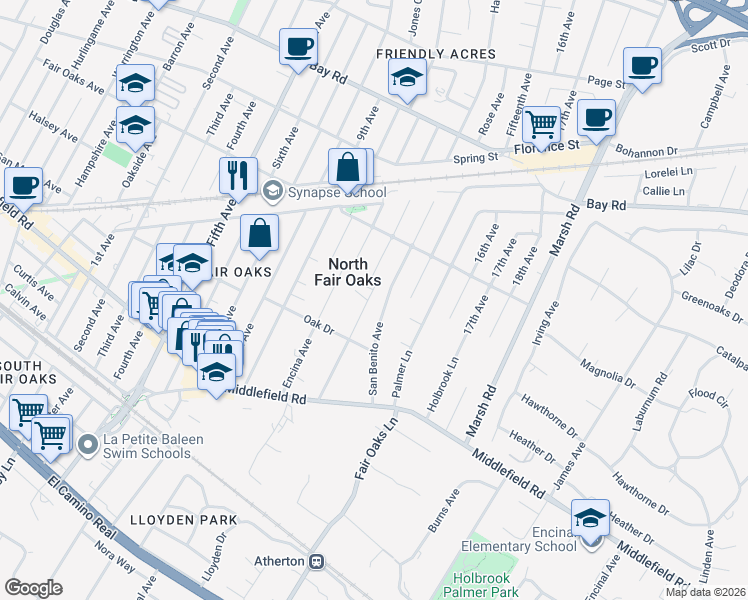 map of restaurants, bars, coffee shops, grocery stores, and more near 548 Placitas Avenue in Menlo Park