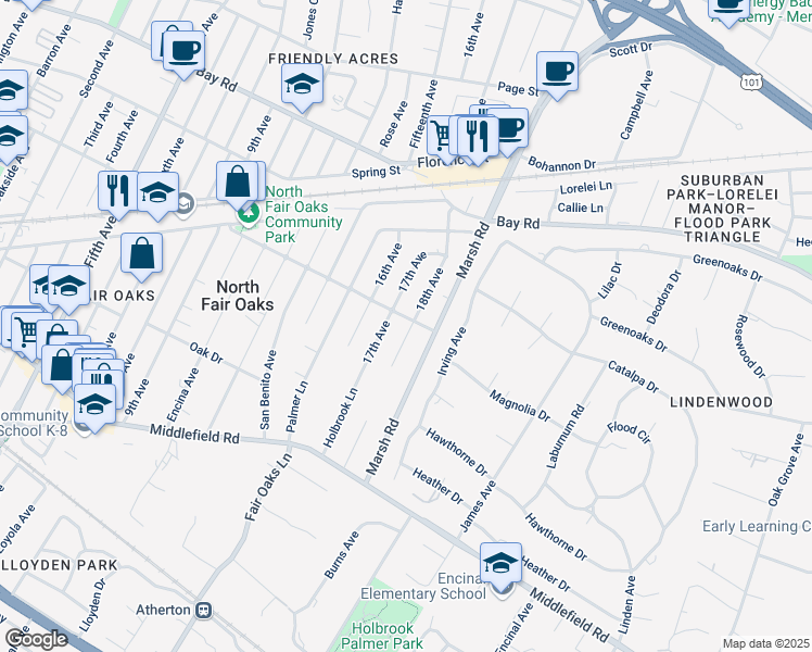 map of restaurants, bars, coffee shops, grocery stores, and more near 4320 Fair Oaks Avenue in Menlo Park