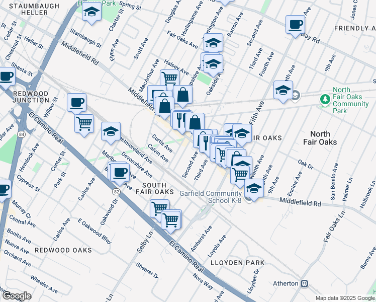 map of restaurants, bars, coffee shops, grocery stores, and more near 333 Second Avenue in Redwood City