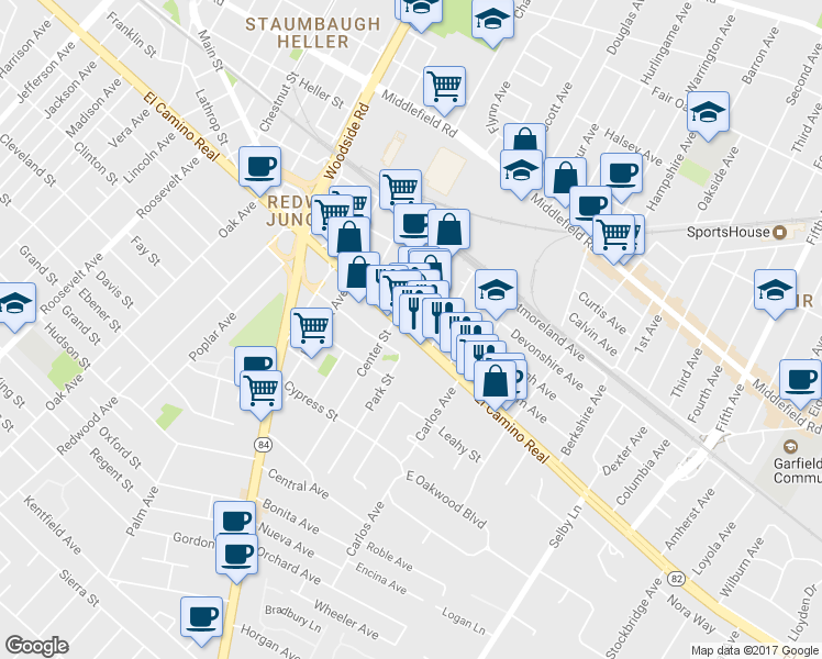 map of restaurants, bars, coffee shops, grocery stores, and more near 2599 El Camino Real in Redwood City