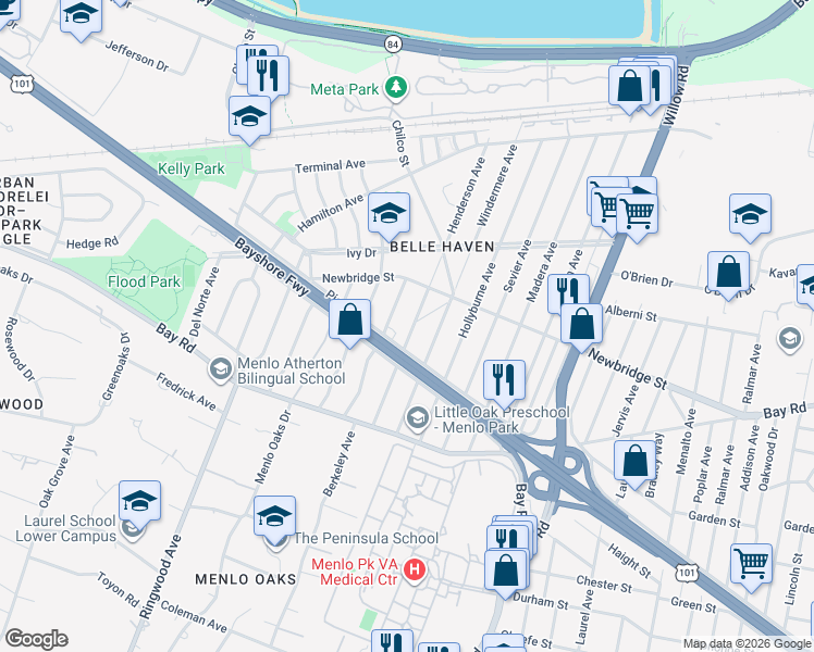 map of restaurants, bars, coffee shops, grocery stores, and more near 1117 Henderson Avenue in Menlo Park