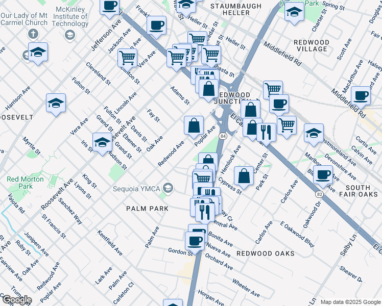 map of restaurants, bars, coffee shops, grocery stores, and more near 319 Poplar Avenue in Redwood City
