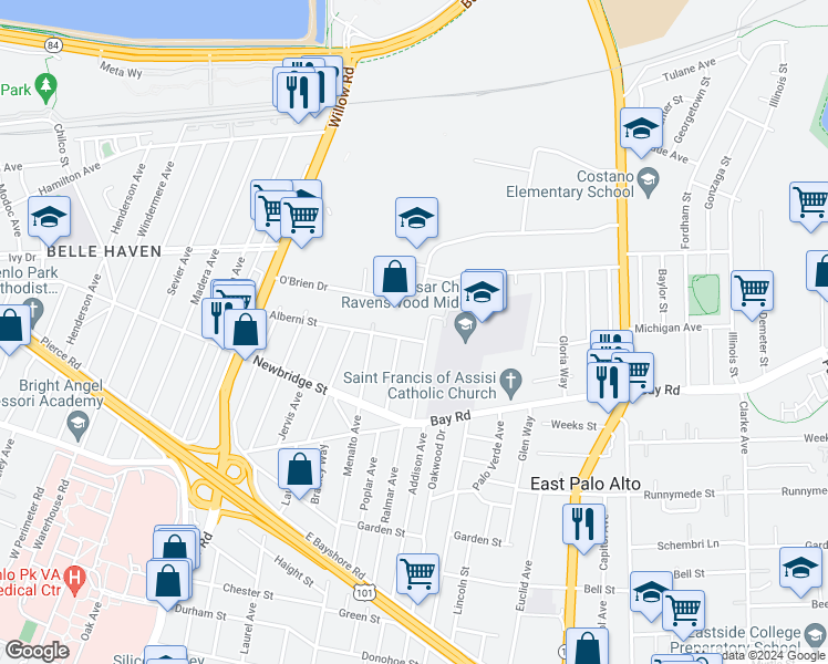 map of restaurants, bars, coffee shops, grocery stores, and more near 1140 Alberni Street in East Palo Alto