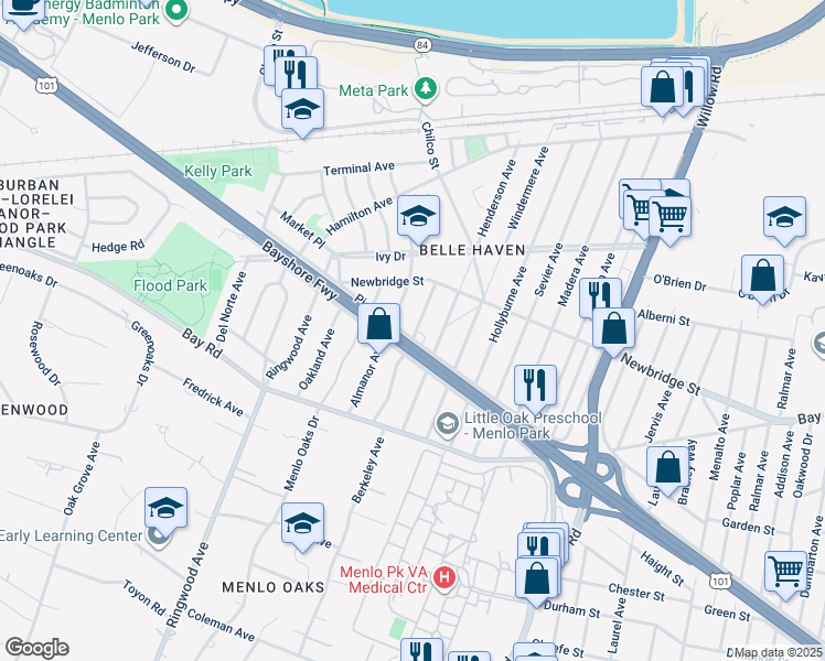 map of restaurants, bars, coffee shops, grocery stores, and more near 611 Pierce Road in Menlo Park
