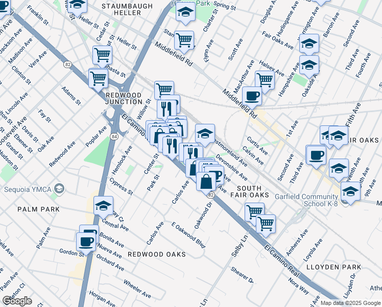 map of restaurants, bars, coffee shops, grocery stores, and more near 80 Nottingham Avenue in Redwood City