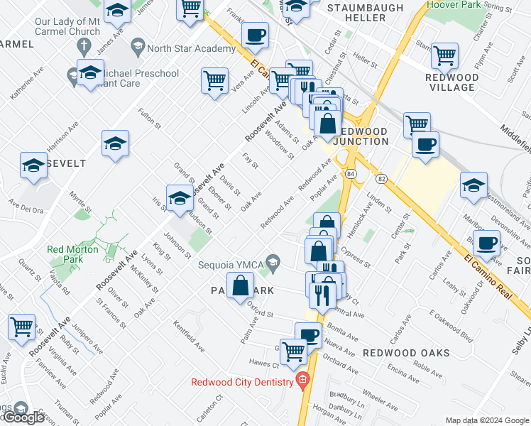 map of restaurants, bars, coffee shops, grocery stores, and more near 506 Redwood Avenue in Redwood City