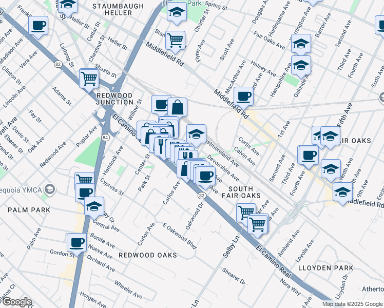 map of restaurants, bars, coffee shops, grocery stores, and more near 2683 Marlborough Avenue in Redwood City