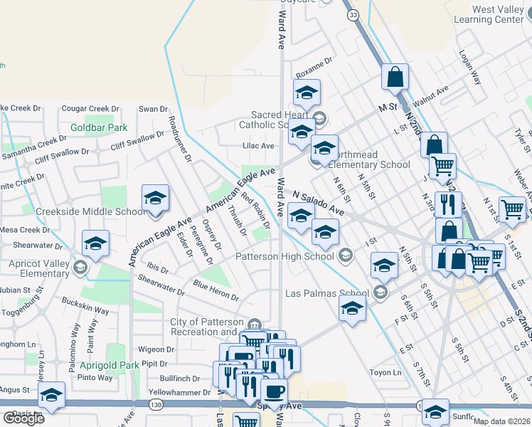 map of restaurants, bars, coffee shops, grocery stores, and more near 432 Red Robin Drive in Patterson